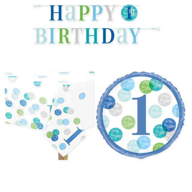 Blue Dots 1st Birthday Decoration Set - Banner, Tablecloth and Foil Balloon - coordinated party set