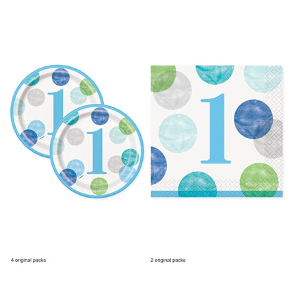 Blue Dots 1st Birthday Dessert Plates and Napkins Set for 32 Guests - original package contents