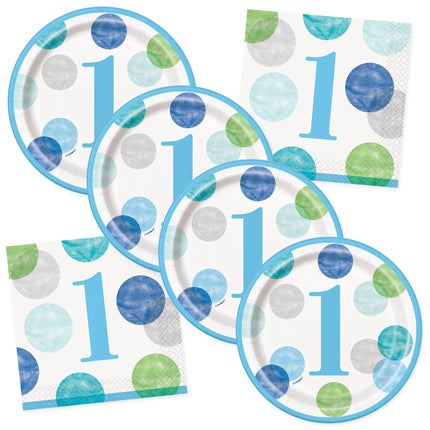 Blue Dots 1st Birthday Dessert Plates and Napkins Set for 32 Guests - coordinated party set