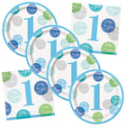 Blue Dots 1st Birthday Dessert Plates and Napkins Set for 32 Guests - coordinated party set