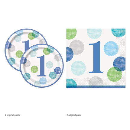 Blue Dots 1st Birthday Dinner Plates and Napkins Set for 16 Guests - original package contents