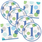 Blue Dots 1st Birthday Dinner Plates and Napkins Set for 16 Guests - coordinated party set