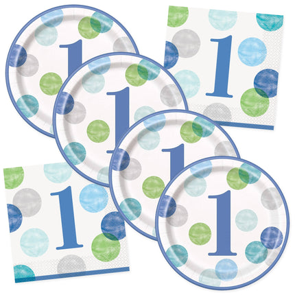 Blue Dots 1st Birthday Dinner Plates and Napkins Set for 32 Guests - coordinated party set