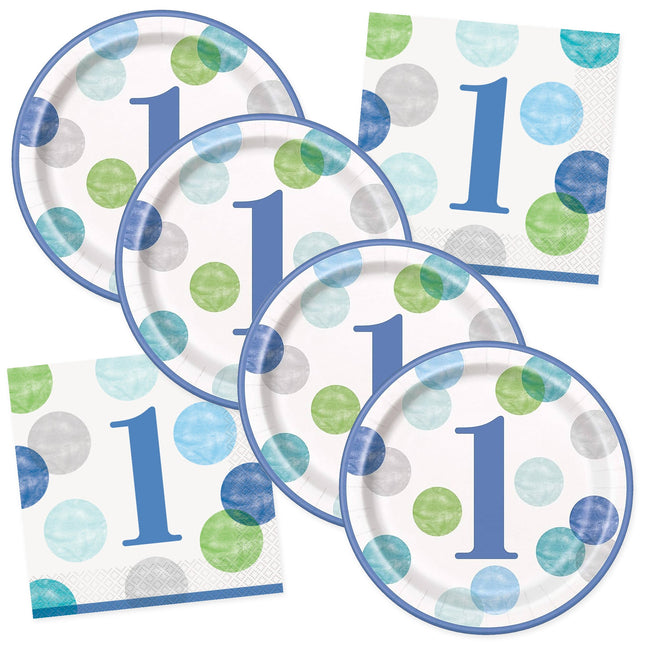 Blue Dots 1st Birthday Dinner Plates and Napkins Set for 32 Guests - coordinated party set