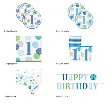 Blue Dots 1st Birthday Tableware and Decorations Set for 24 Guests - original package contents