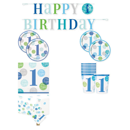 Blue Dots 1st Birthday Tableware and Decorations Set for 24 Guests - coordinated party set