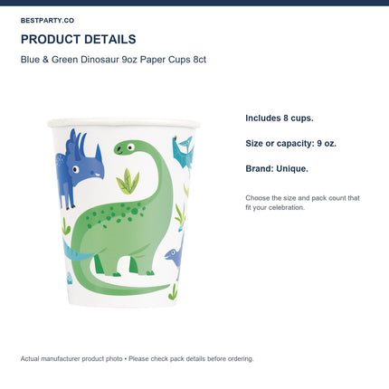 Blue & Green Dinosaur 9oz Paper Cups 8ct — size and pack information