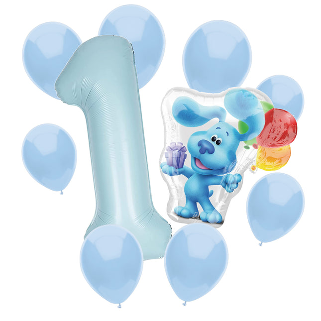 Blue's Clues 1st birthday set main: number 1 foil, themed foil and 8 matching latex balloons
