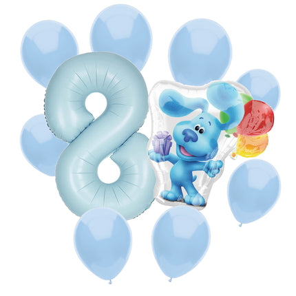 Blue's Clues 8th birthday set main: number 8 foil, themed foil and 8 matching latex balloons