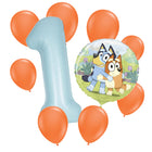Bluey 1 birthday balloon bouquet: powder blue number 1, one Bluey foil and eight orange latex balloons