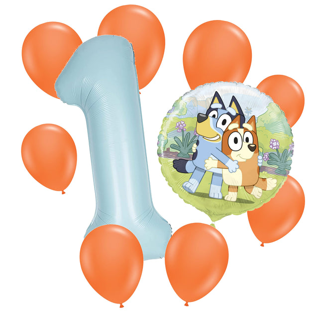 Bluey 1 birthday balloon bouquet: powder blue number 1, one Bluey foil and eight orange latex balloons