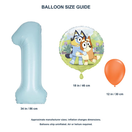 Bluey age 1 birthday balloon set - 34 inch number, 18 inch round foil and 12 inch latex size guide