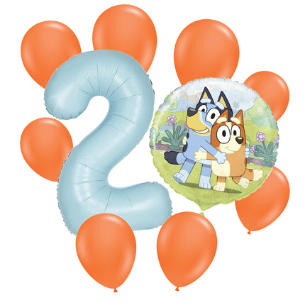 Bluey 2 birthday balloon bouquet: powder blue number 2, one Bluey foil and eight orange latex balloons