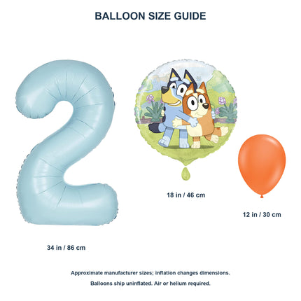 Bluey age 2 birthday balloon set - 34 inch number, 18 inch round foil and 12 inch latex size guide