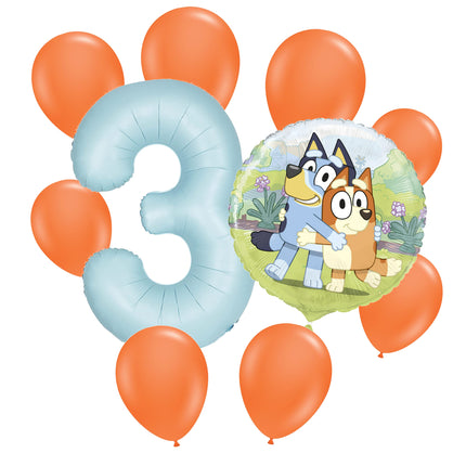 Bluey 3 birthday balloon bouquet: powder blue number 3, one Bluey foil and eight orange latex balloons