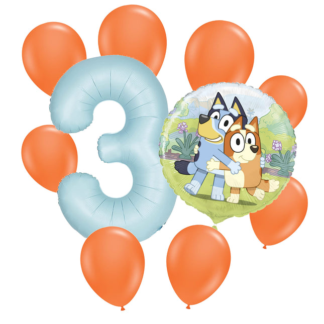Bluey 3 birthday balloon bouquet: powder blue number 3, one Bluey foil and eight orange latex balloons