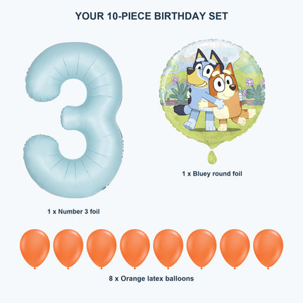Bluey third birthday set contents: one number 3 foil, one round foil and eight orange latex balloons