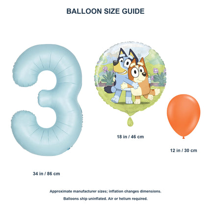Bluey birthday set size guide: 34 inch number 3, 18 inch round foil and 12 inch latex balloons