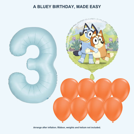 Bluey age 3 birthday balloon arrangement with powder blue number and orange latex balloons