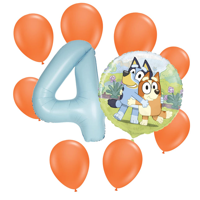 Bluey 4 birthday balloon bouquet: powder blue number 4, one Bluey foil and eight orange latex balloons