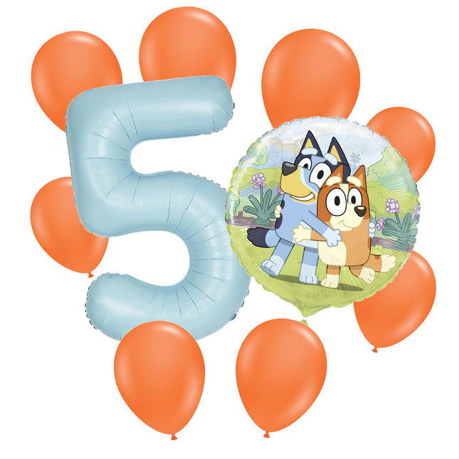 Bluey 5 birthday balloon bouquet: powder blue number 5, one Bluey foil and eight orange latex balloons