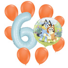 Bluey 6 birthday balloon bouquet: powder blue number 6, one Bluey foil and eight orange latex balloons