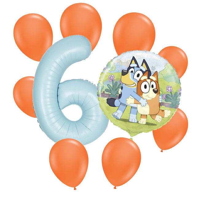 Bluey 6 birthday balloon bouquet: powder blue number 6, one Bluey foil and eight orange latex balloons