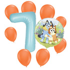 Bluey 7 birthday balloon bouquet: powder blue number 7, one Bluey foil and eight orange latex balloons