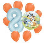 Bluey 8 birthday balloon bouquet: powder blue number 8, one Bluey foil and eight orange latex balloons