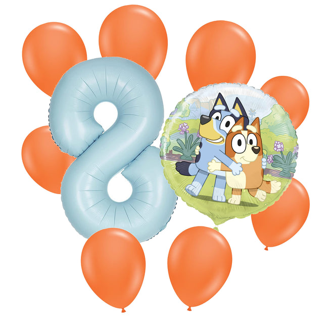 Bluey 8 birthday balloon bouquet: powder blue number 8, one Bluey foil and eight orange latex balloons