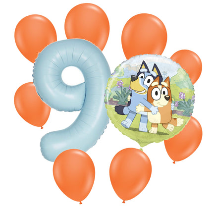 Bluey 9 birthday balloon bouquet: powder blue number 9, one Bluey foil and eight orange latex balloons