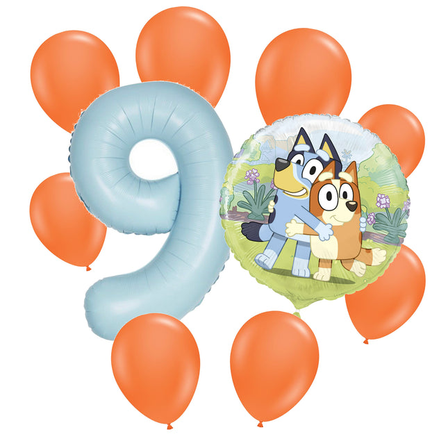 Bluey 9 birthday balloon bouquet: powder blue number 9, one Bluey foil and eight orange latex balloons