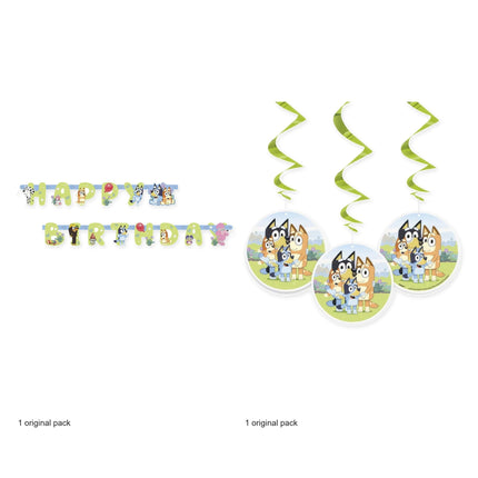 Bluey Birthday Banner and 3 Hanging Swirls Set - original package contents