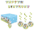 Bluey Birthday Banner, Tablecloth and 3 Hanging Swirls Set - coordinated party set