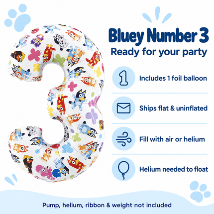 Bluey Number 3 Foil Balloon 26" – 3rd Birthday Decoration - inflation and included item information