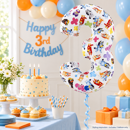 Bluey Number 3 Foil Balloon 26" – 3rd Birthday Decoration - party styling inspiration, decorations not included