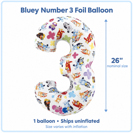 Bluey Number 3 Foil Balloon 26" – 3rd Birthday Decoration - size guide