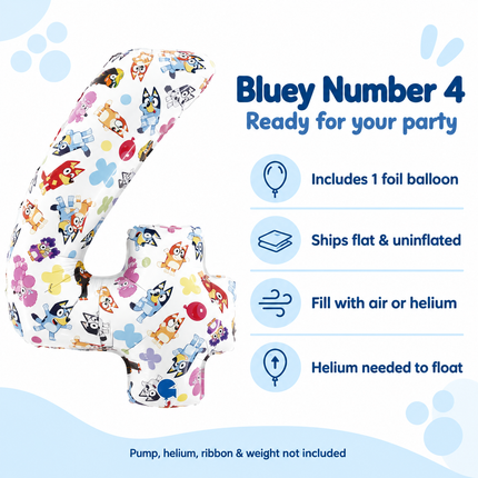 Bluey Number 4 Foil Balloon 26" – 4th Birthday Decoration - inflation and included item information