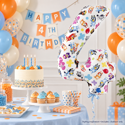 Bluey Number 4 Foil Balloon 26" – 4th Birthday Decoration - party styling inspiration, decorations not included