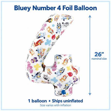 Bluey Number 4 Foil Balloon 26" – 4th Birthday Decoration - size guide