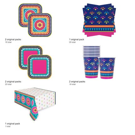 Boho Fiesta Coordinated Party Supplies Set for 16 Guests - included packs and quantities