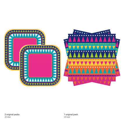 Boho Fiesta Dessert Plates and Napkins Set for 16 Guests - included packs and quantities