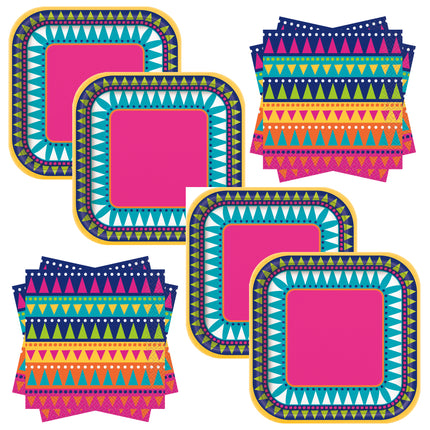 Boho Fiesta Dessert Plates and Napkins Set for 32 Guests - set overview