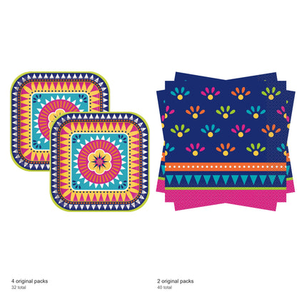 Boho Fiesta Dinner Plates and Napkins Set for 32 Guests - included packs and quantities