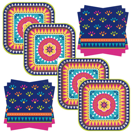 Boho Fiesta Dinner Plates and Napkins Set for 16 Guests - set overview
