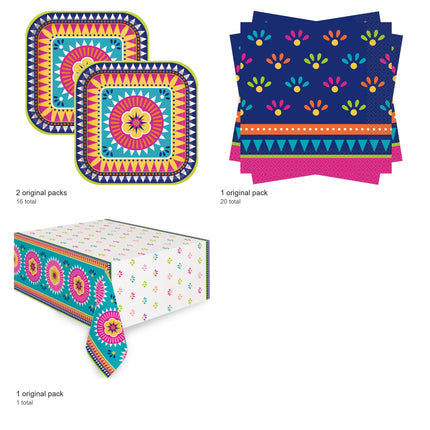 Boho Fiesta Plates, Napkins and Tablecloth Set for 16 Guests - included packs and quantities