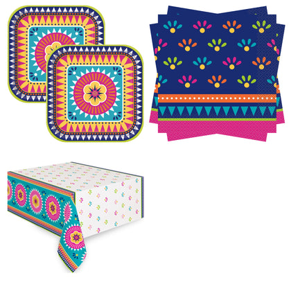 Boho Fiesta Plates, Napkins and Tablecloth Set for 16 Guests - set overview