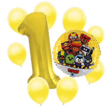 Brawl Stars 1st birthday set main: number 1 foil, themed foil and 8 matching latex balloons