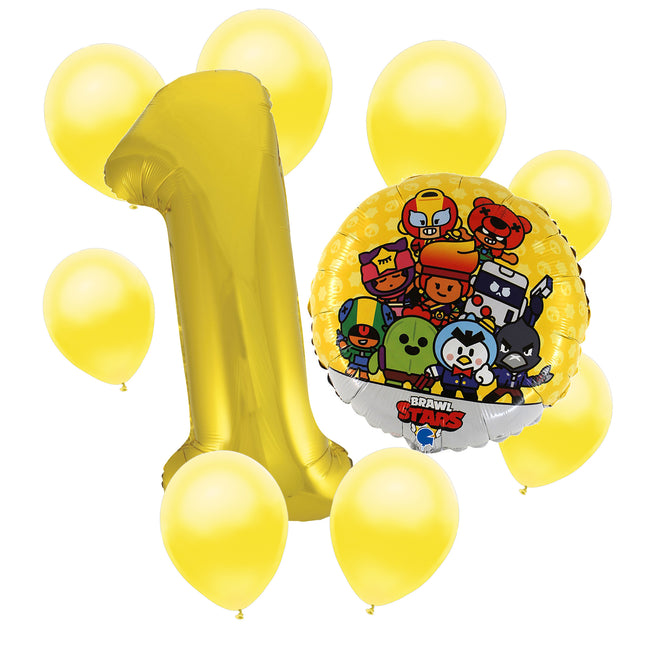 Brawl Stars 1st birthday set main: number 1 foil, themed foil and 8 matching latex balloons