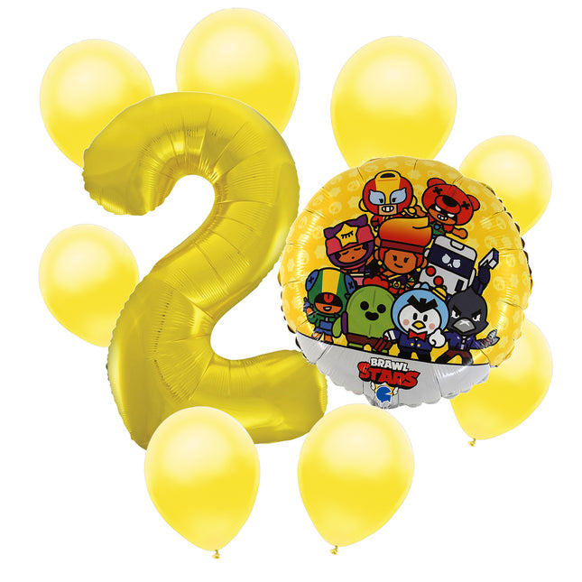 Brawl Stars 2nd birthday set main: number 2 foil, themed foil and 8 matching latex balloons